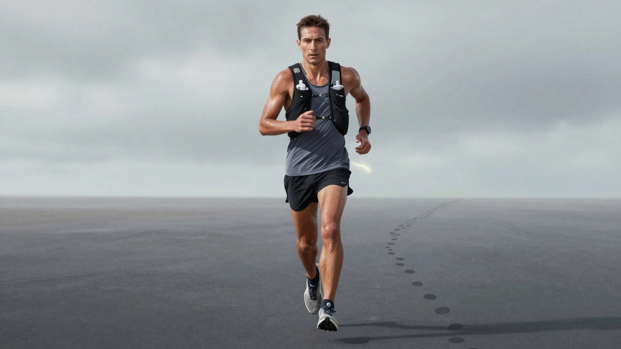 A runner at mile 18 of a long training run, sweat on skin, focused expression, footprints stretching into the horizon.