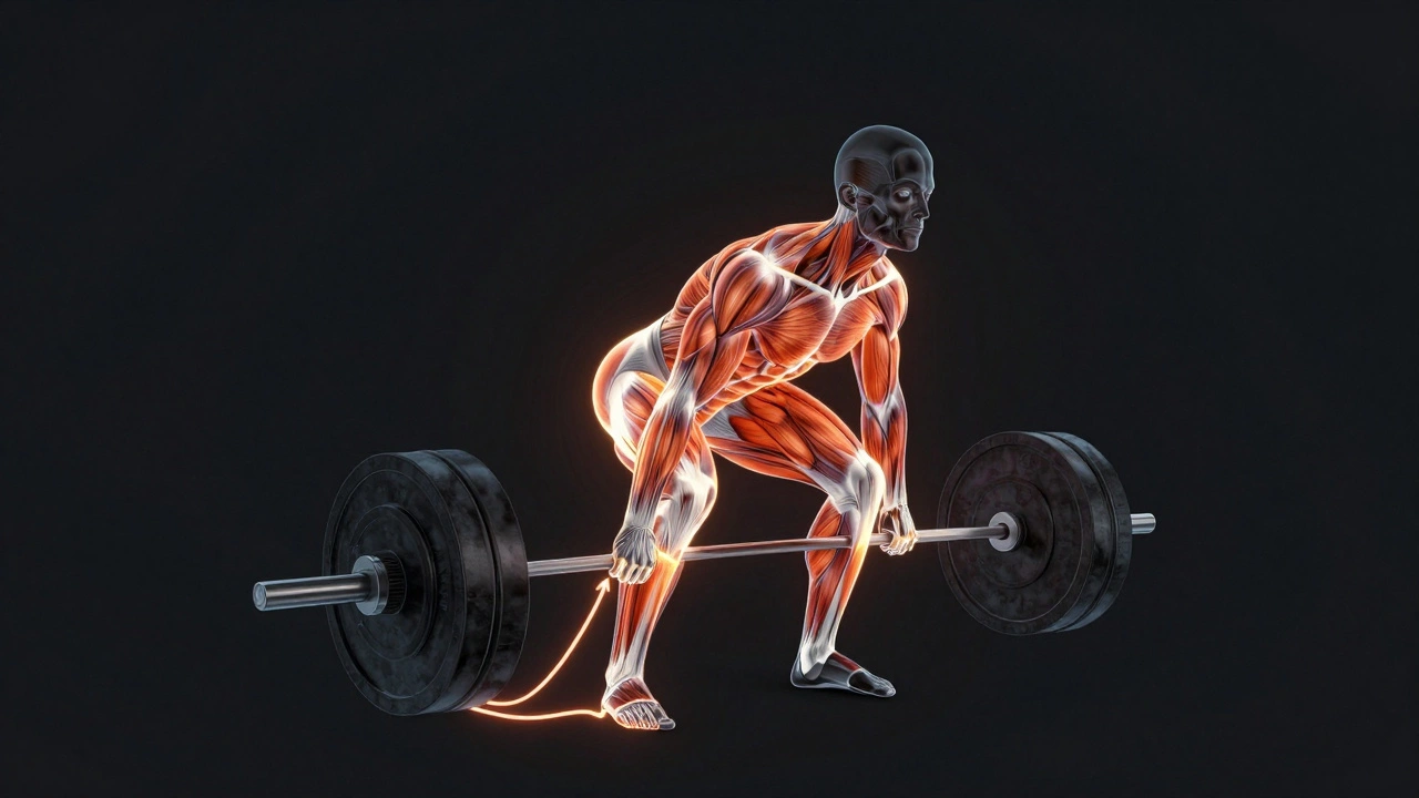 Anatomical illustration showing muscle engagement during a deadlift with glowing highlights.