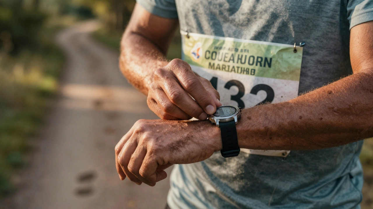 Close-up of a runner's watch and bib, showing years of dedication through sweat and dirt.