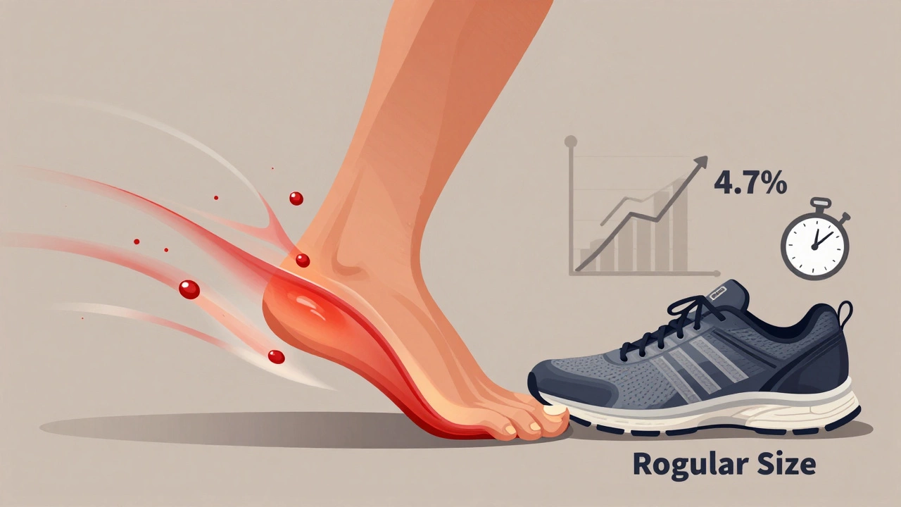 Foot inside a running shoe with fluid expansion lines, illustrating how feet swell during a 10K run.