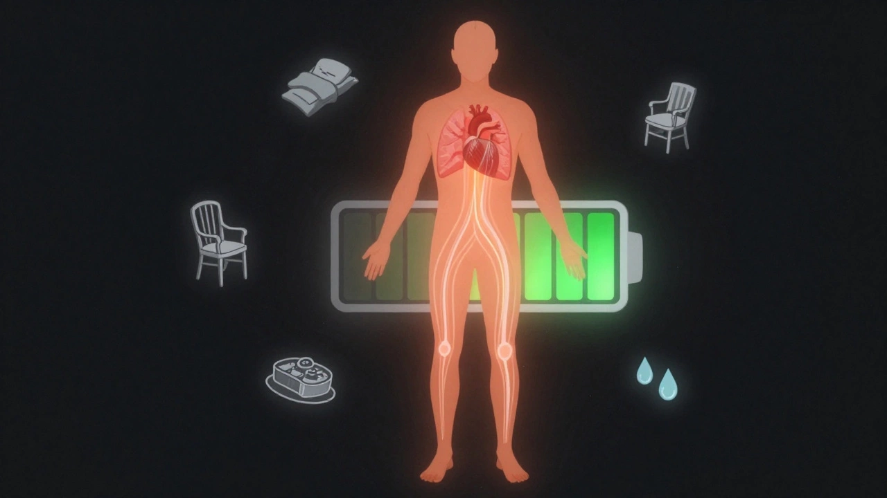 Human body depicted as a fading battery with icons of lifestyle factors affecting stamina.