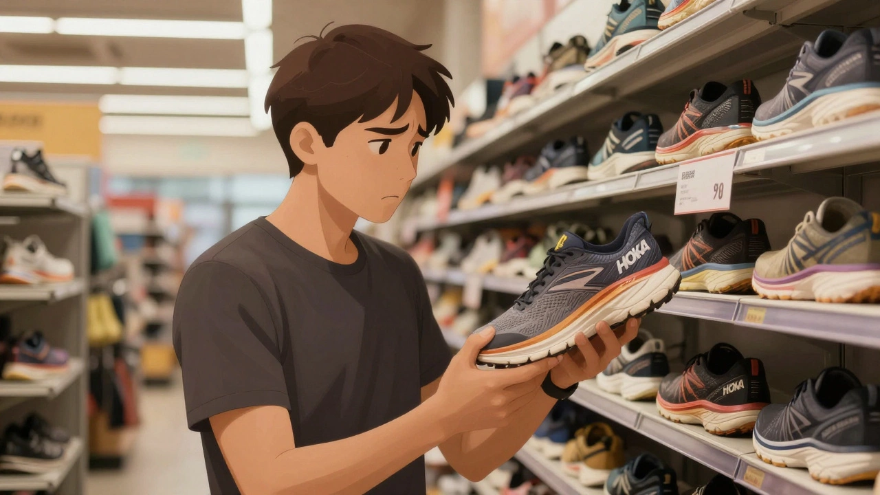 Person hesitating over high-priced Hoka shoes in store