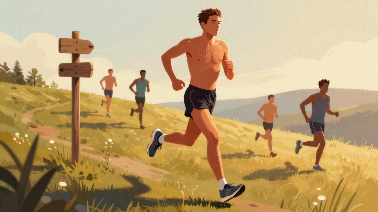 Runner transitioning from jogging to walking on a hilly course during a marathon.