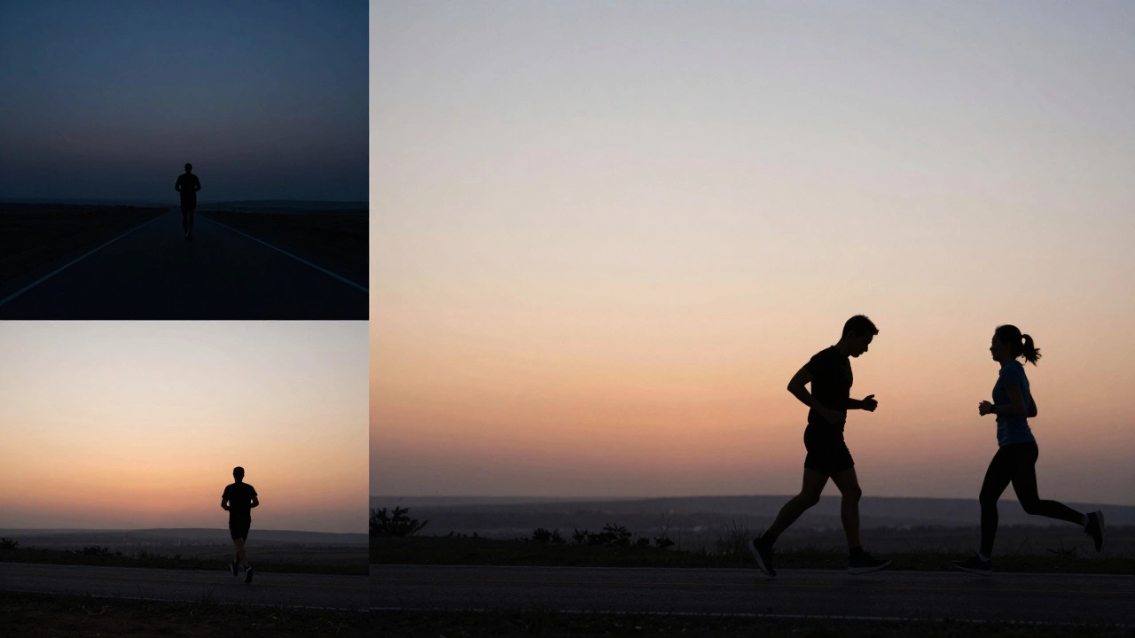 Silhouettes of runners at different times, connected by quiet, unspoken camaraderie.