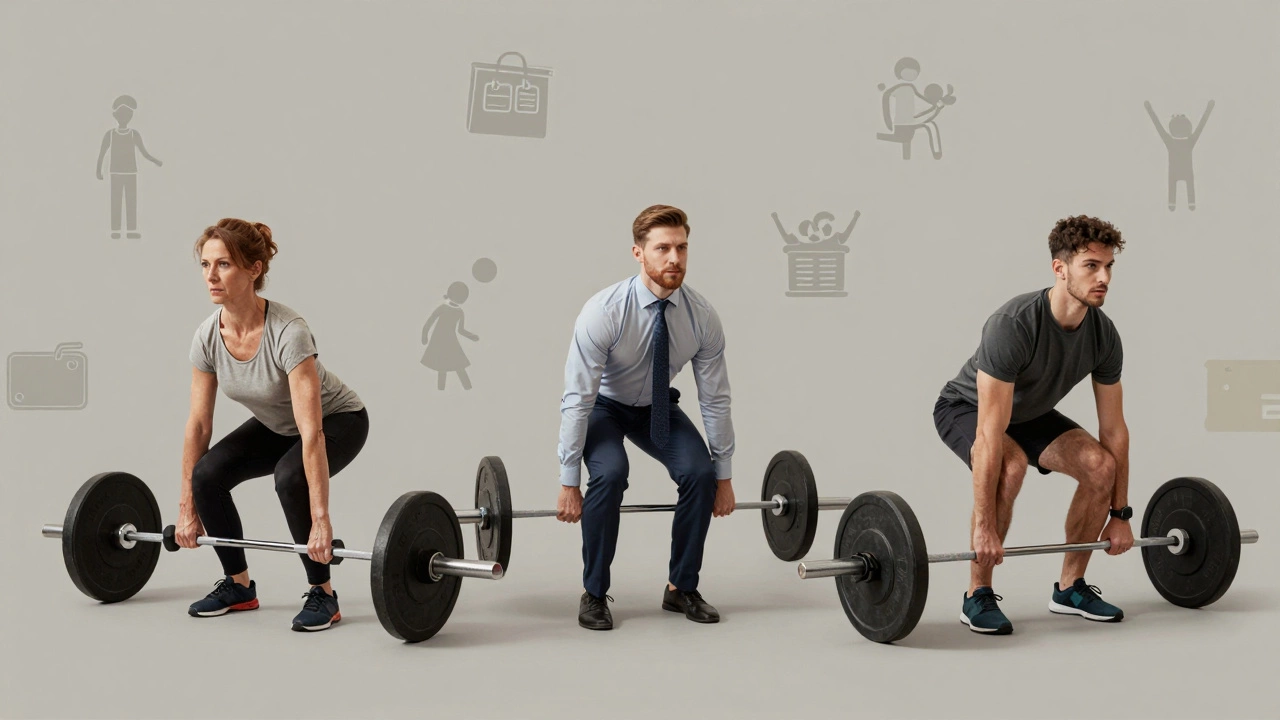 Three diverse people doing deadlifts with different equipment, mimicking daily movements.