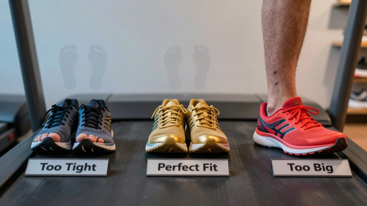 Three running shoes side by side showing underfit, perfect fit, and overfit with visual cues for each.
