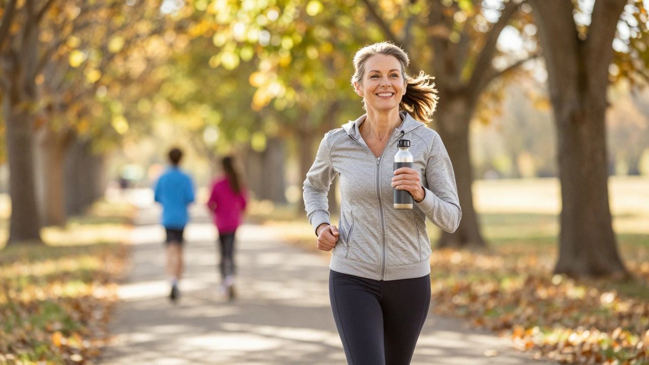 Woman walking briskly on a trail with grandchildren ahead, smiling and hydrated.