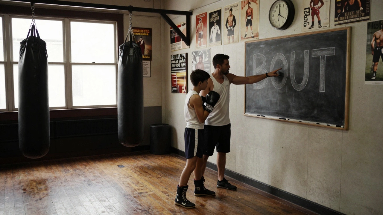 A boxing coach correcting a trainee in a historic gym, with the word 'BOUT' written on a chalkboard.