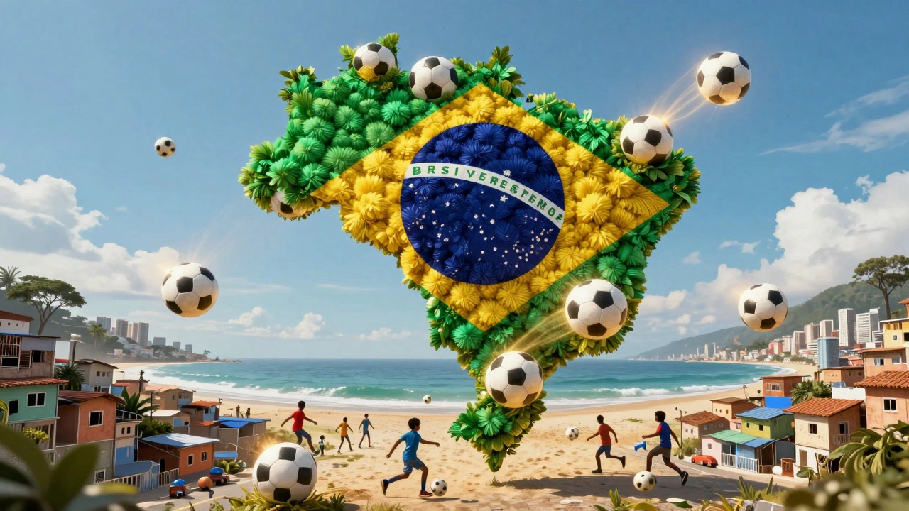 A giant flag of Brazil formed from footballs glowing above the nation's landscape.
