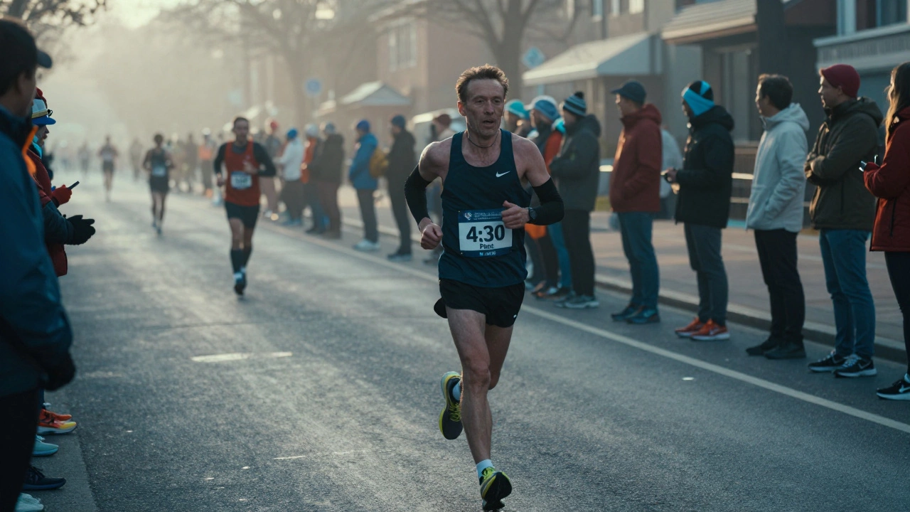 A middle-aged runner nearing the end of a marathon, focused and determined on the final mile.