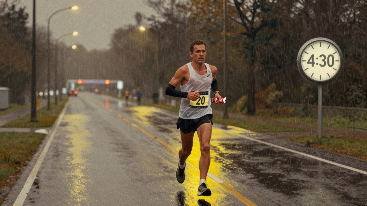 A runner at mile 20 of a marathon, drenched in rain, holding a gel packet, eyes fixed on the distant finish.