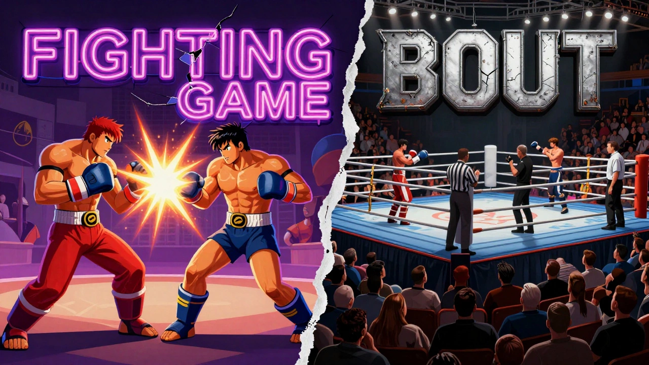 A split image contrasting cartoonish video game fighting with a real boxing bout under arena lights.
