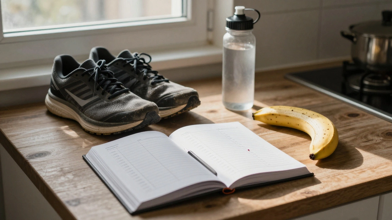 A training log and running shoes on a kitchen table at dawn, symbolizing consistent preparation.