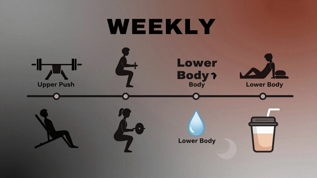 A visual timeline of a 4-day workout split with exercise icons and recovery symbols, set against a soft gradient background.