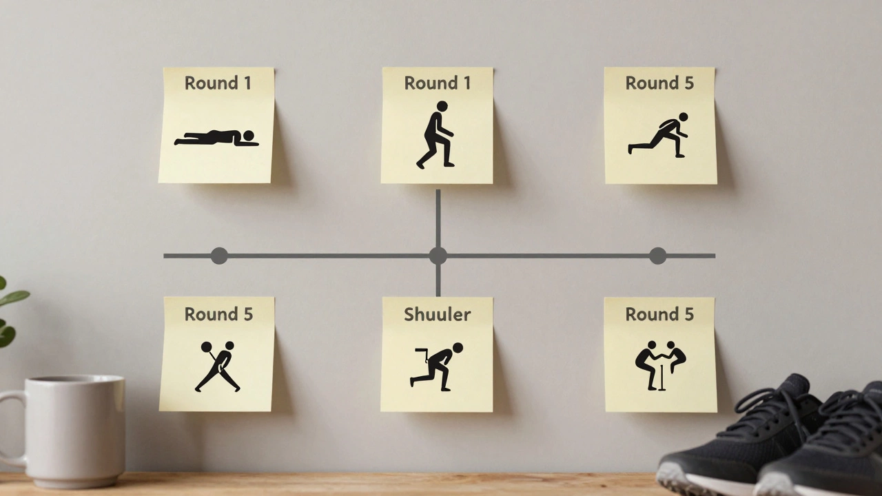 A wall calendar with five peeled-off sticky notes, each showing a different exercise icon from the workout.