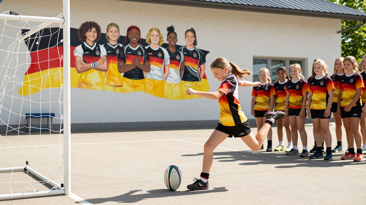 A young girl playing rugby in a schoolyard, with a mural of the German women's team on the wall.