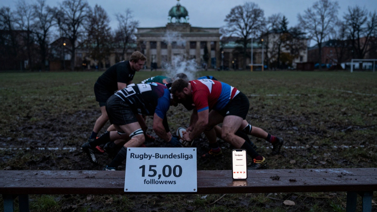 Adult rugby players practicing on a muddy pitch in Berlin, with a phone showing social media stats.