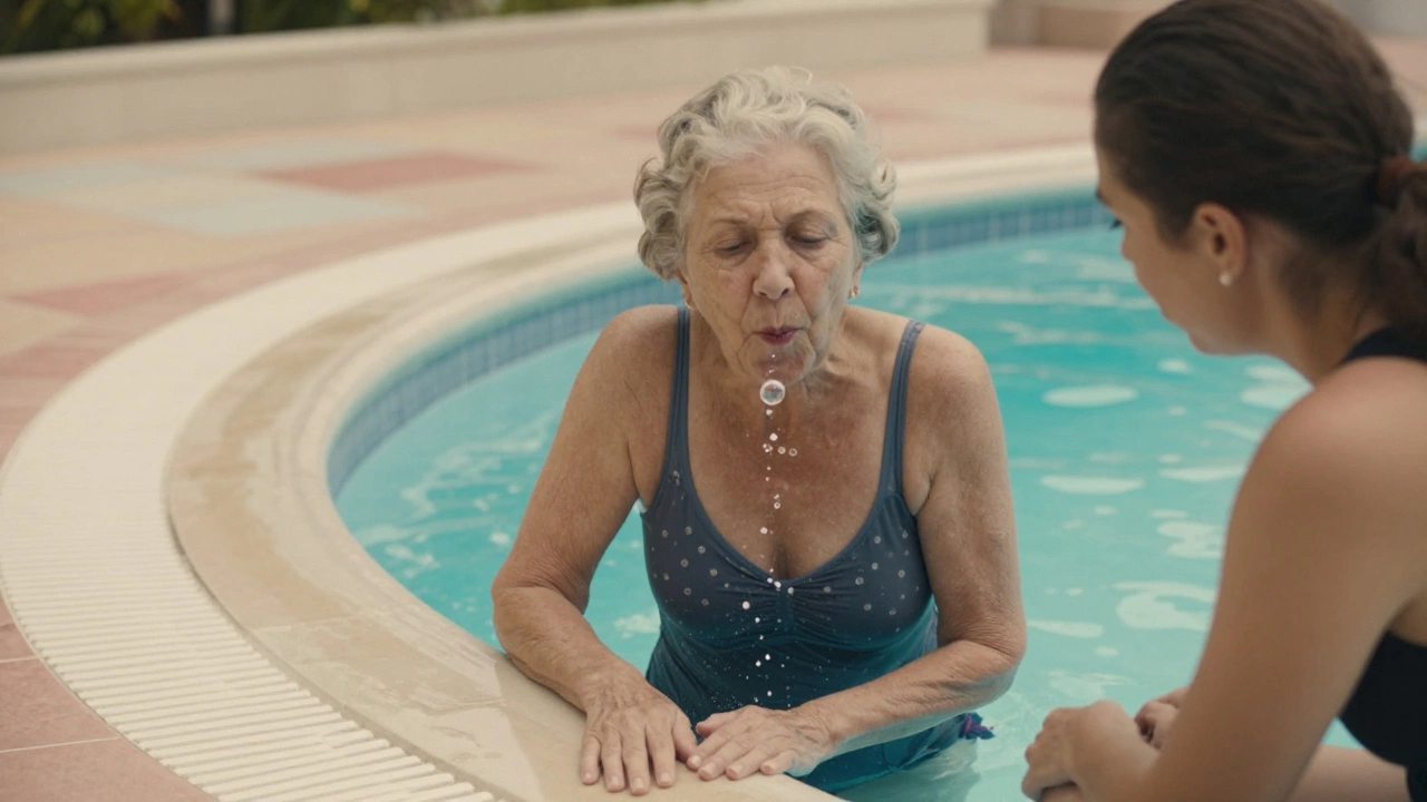 An older woman blowing bubbles underwater at the pool edge, with an instructor beside her offering support.