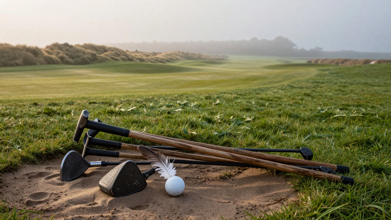 Antique wooden golf clubs on the misty St Andrews Old Course.