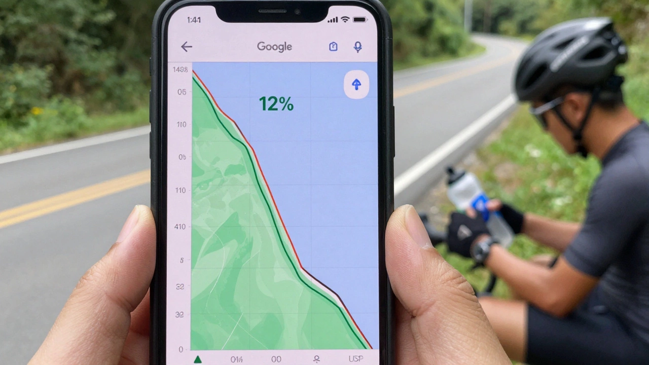 Cyclist checking elevation graph on phone during a ride on a hilly road