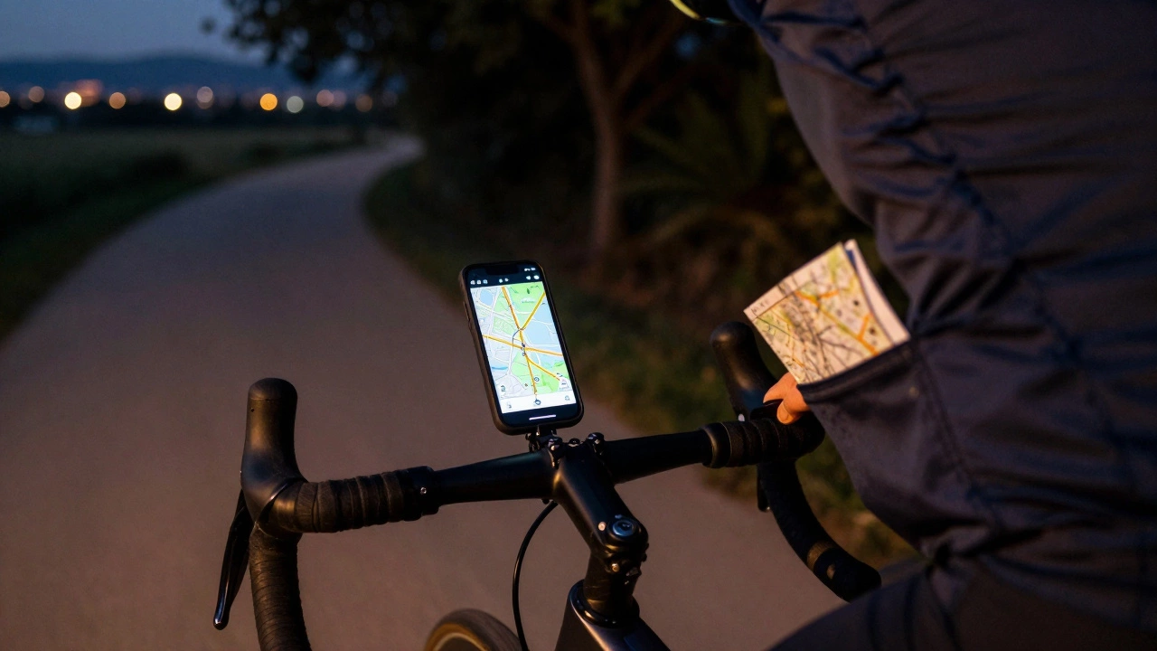 Cyclist riding at dusk with phone showing offline route and paper map in jersey pocket