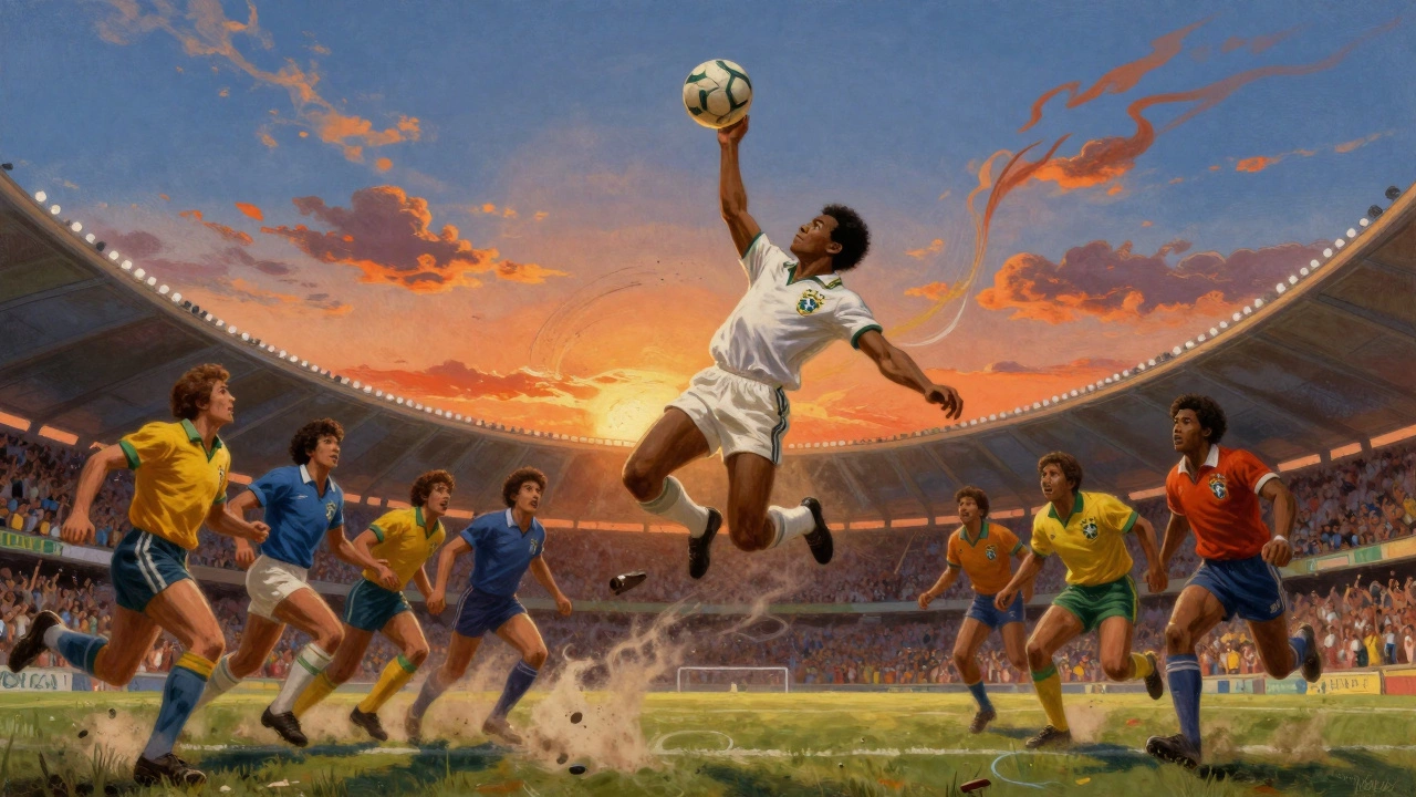 Pelé leaping to head a ball during Brazil's iconic 1970 World Cup victory.