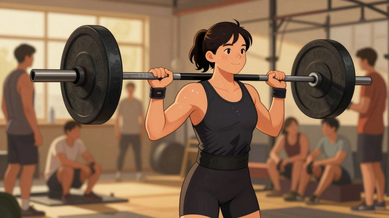 Person lifting heavier weights with improved form, showing early muscle definition and confident posture.