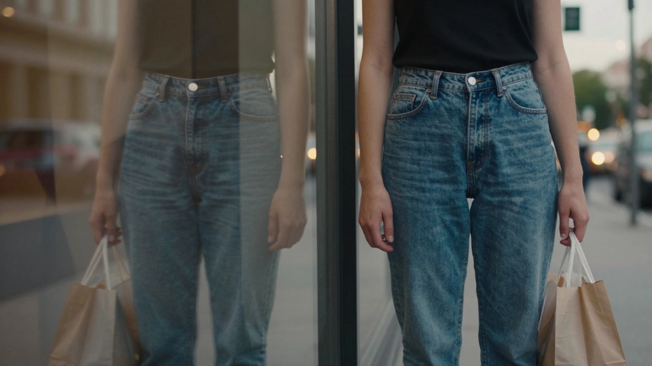 Person seeing their changed reflection in a shop window, jeans looser, carrying groceries with ease.