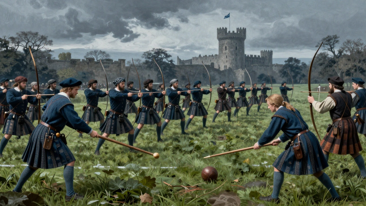 Scottish peasants playing early golf while archers train in background.