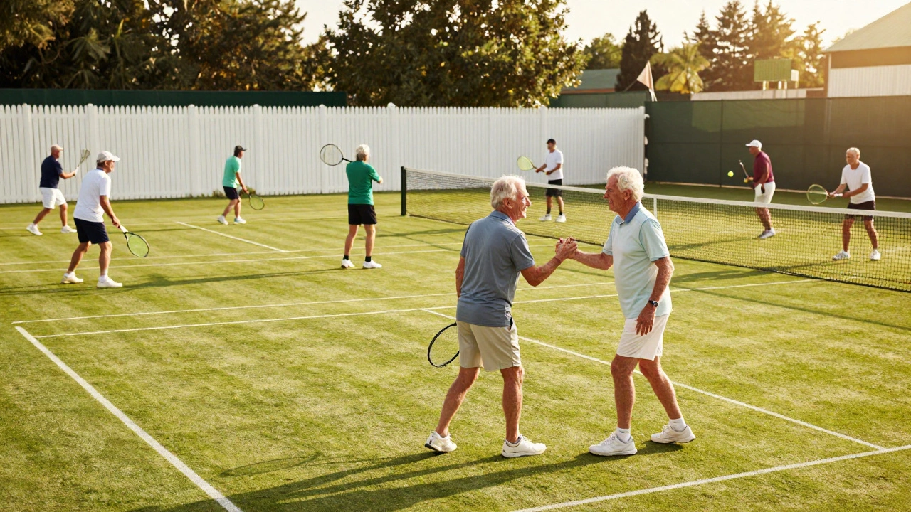 Senior tennis players shaking hands after a match on a green grass court