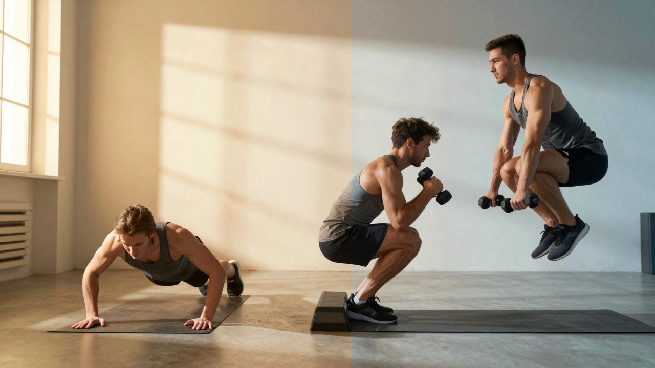 Side-by-side images of beginner and advanced versions of the 5-4-3-2-1 workout in the same room.