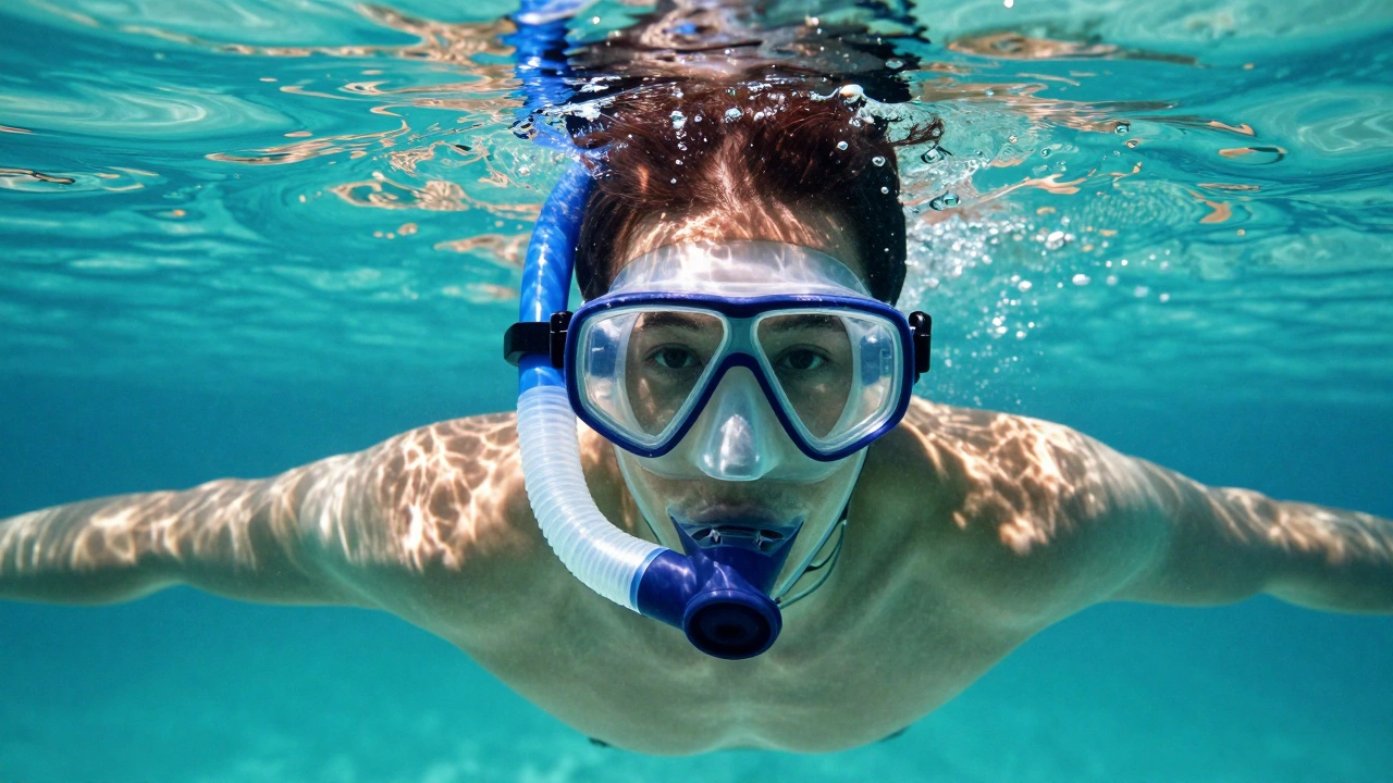 Swimmer using a snorkel and mask to practice exhaling bubbles underwater during a lesson.