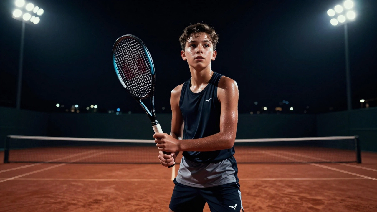 Teenage athlete serving intensely under bright stadium floodlights