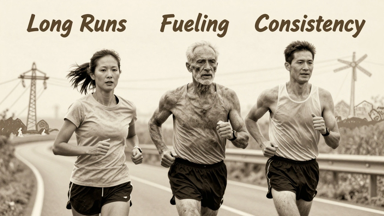 Three archetypal marathoners running together, representing discipline, age, and first-time effort in vintage poster style.