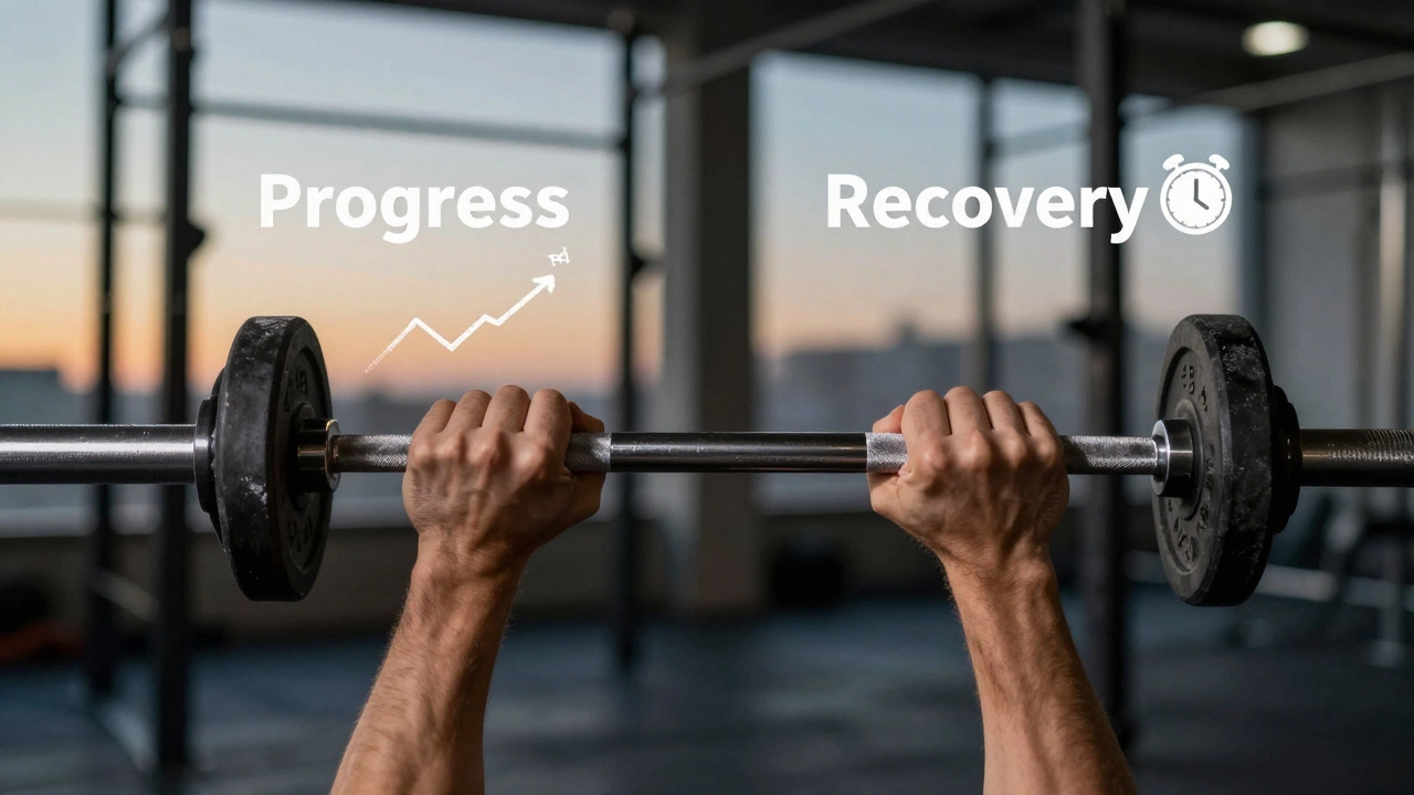 Two hands holding a barbell, one symbolizing progress with weights, the other recovery with clock and sleep icons.