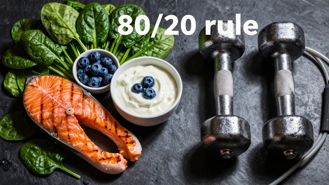 A balanced arrangement of high-protein whole foods and gym equipment on a dark background.