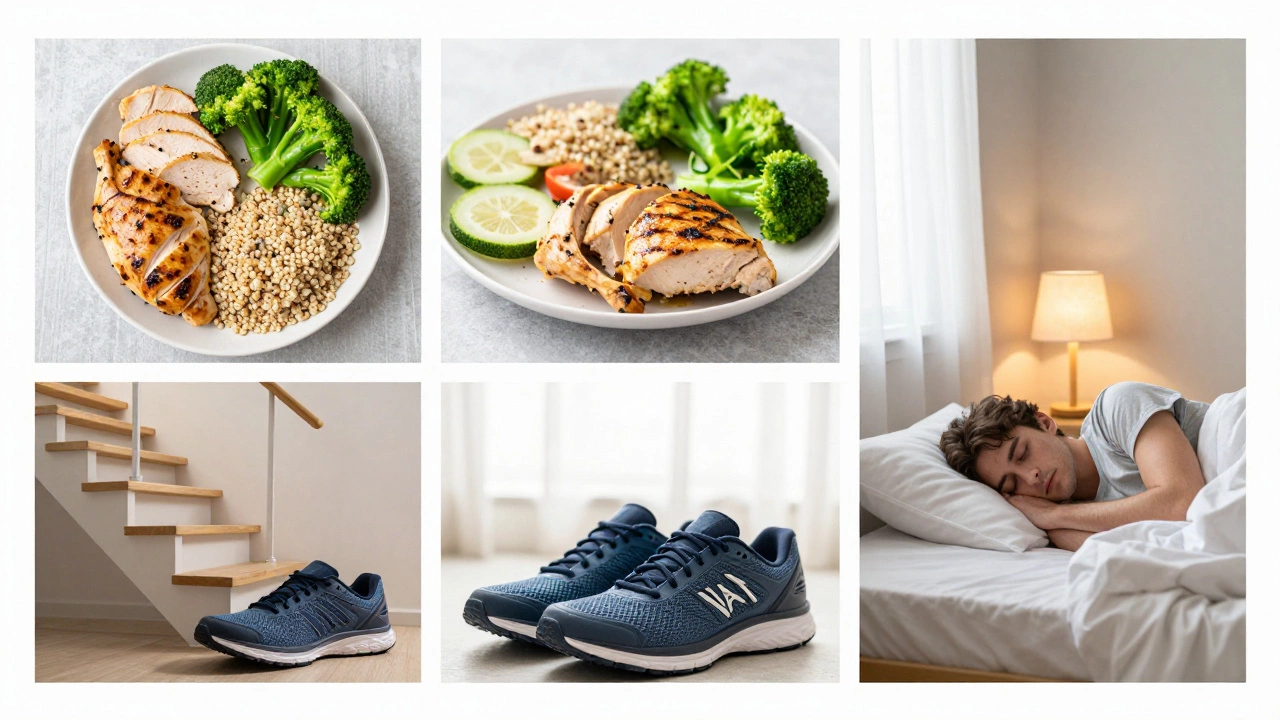 A balanced collection of high-protein food, walking shoes, and a restful sleeping environment.