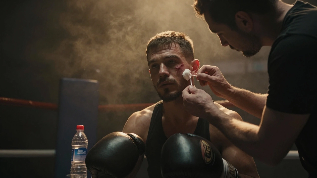 A boxer resting on a stool while a trainer treats a cut in the corner