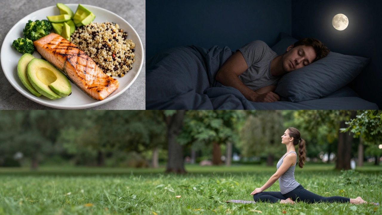 A collage showing healthy food, restful sleep, and yoga for a balanced life.