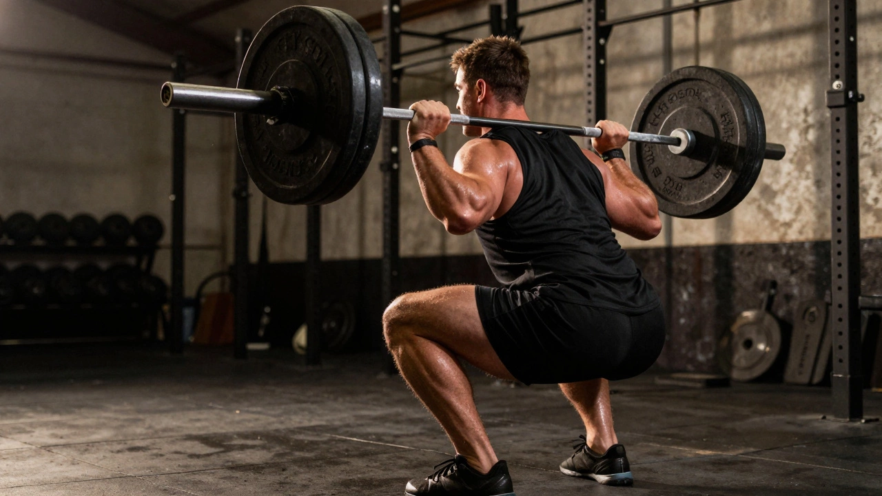 A muscular rugby player performing a heavy barbell squat in a gym to build leg strength.
