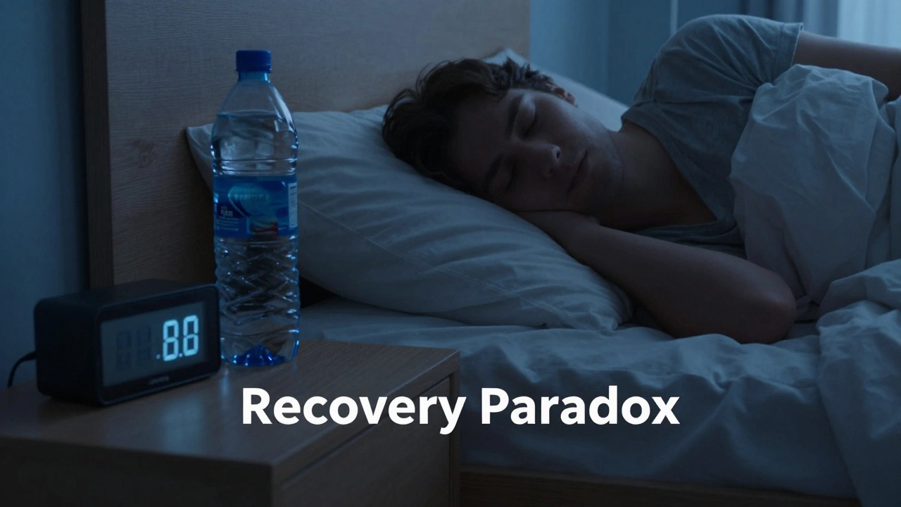 A peaceful bedroom scene illustrating the importance of sleep and hydration for muscle recovery.