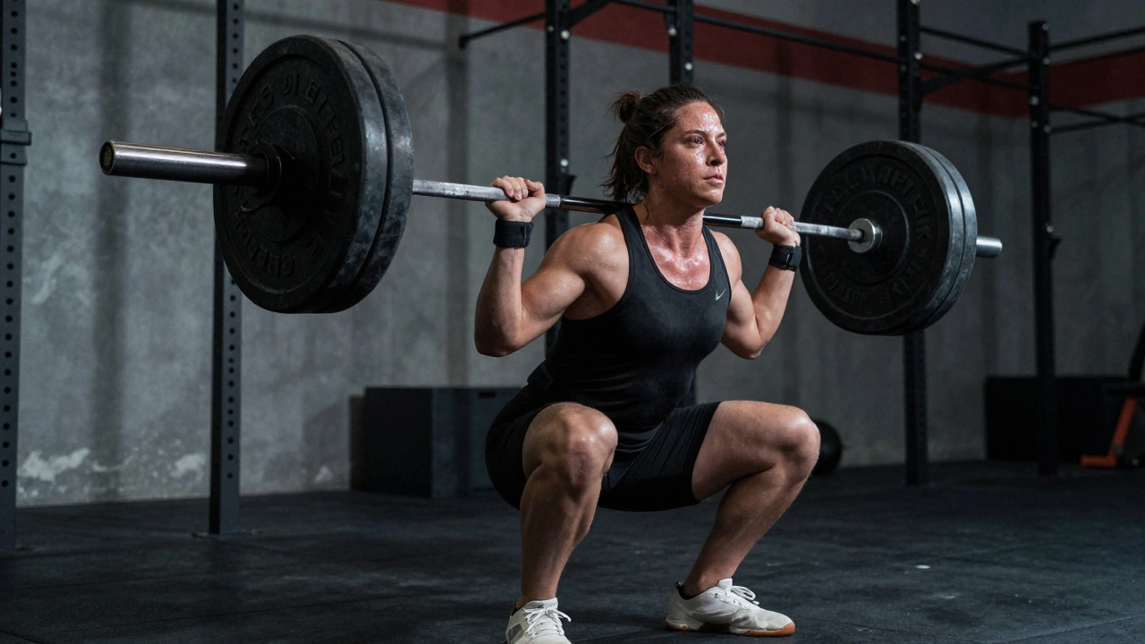 A person performing a barbell squat in a gym with dramatic lighting.