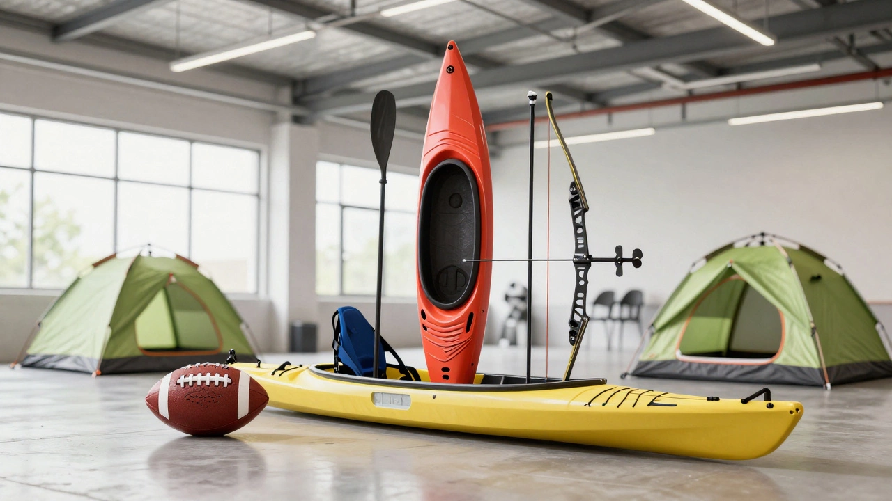 A wide variety of sports gear including a football, kayak, and camping tent in a bright space.