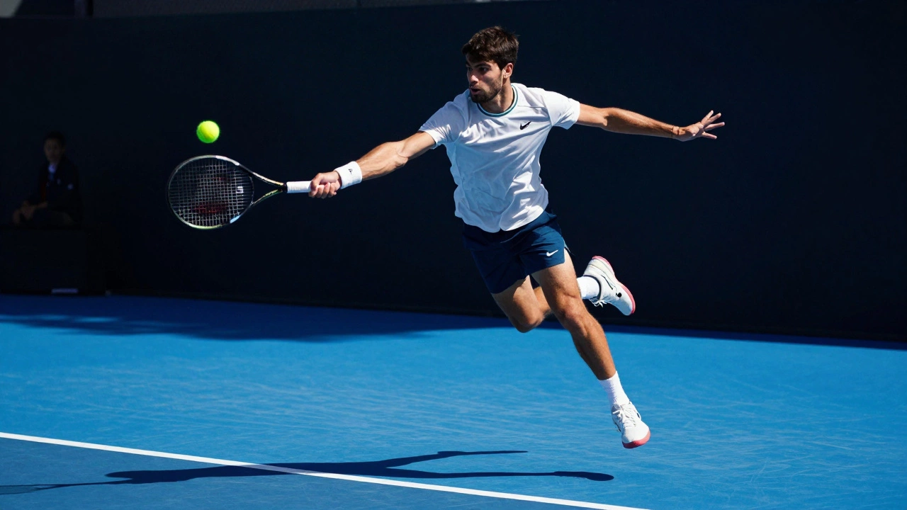 Action shot of a young tennis player hitting a powerful shot on a blue court