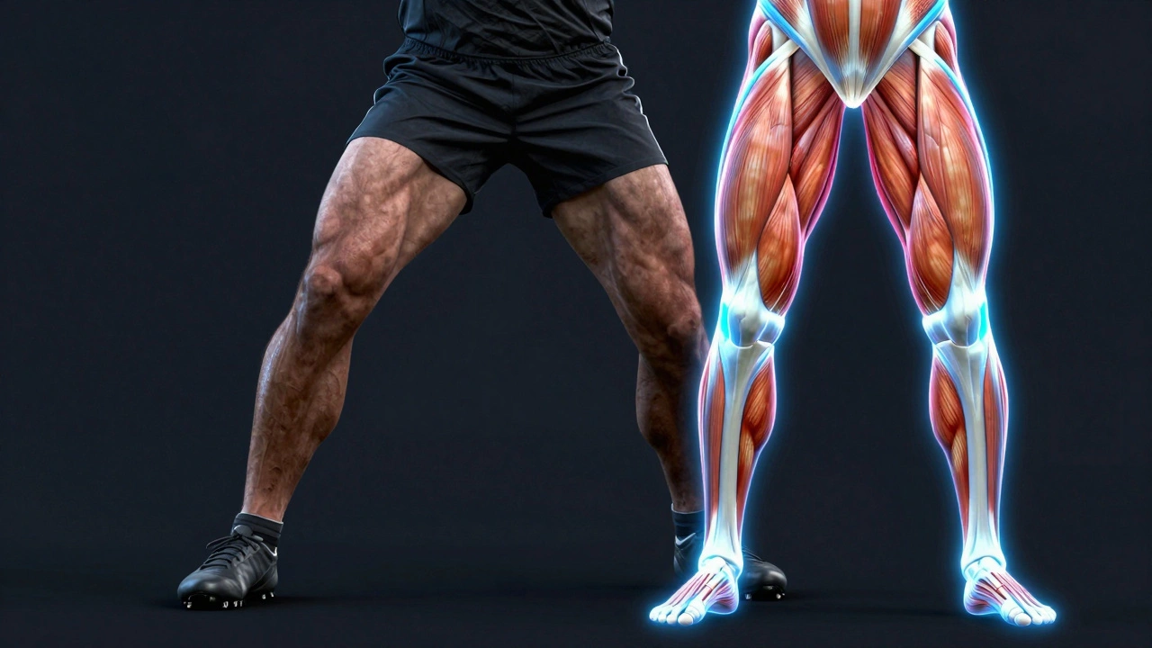 Anatomical illustration of a rugby player's leg highlighting the power of the posterior chain muscles.