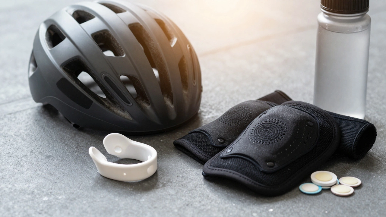 Collection of sports safety gear including a helmet, mouthguard, knee pads, and a water bottle