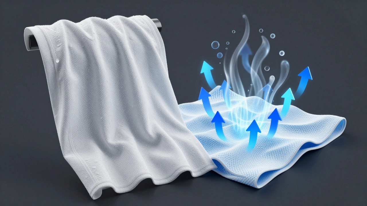 Comparison between heavy cotton fabric and moisture-wicking synthetic fabric with sweat evaporation.