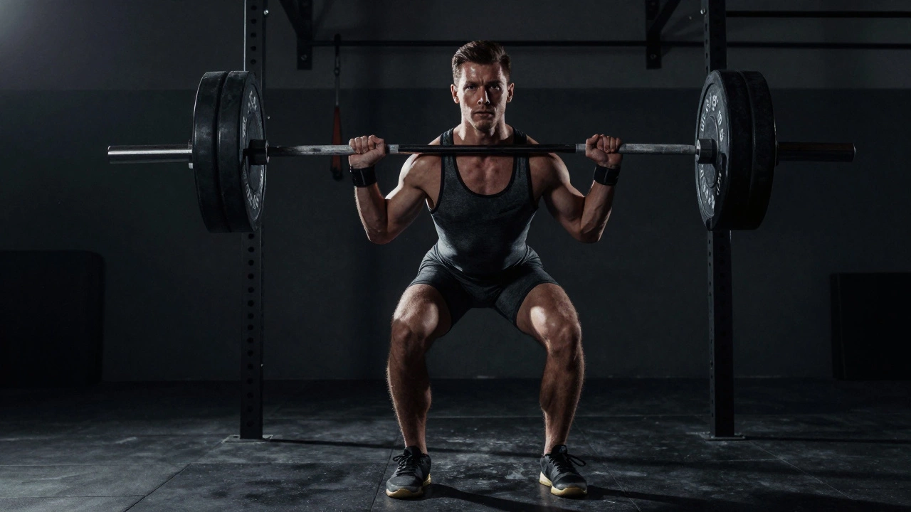 Focused athlete in professional sportswear under dramatic spotlighting.