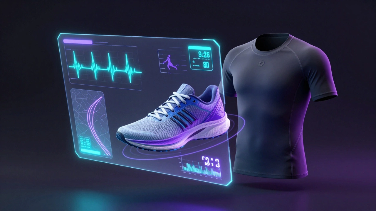 Holographic fitness data and biometrics orbiting a modern sneaker and compression gear.