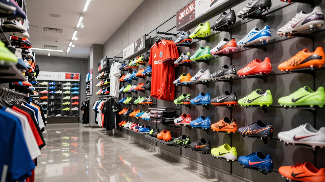 Interior of a modern Japanese sports store featuring rows of colorful soccer cleats